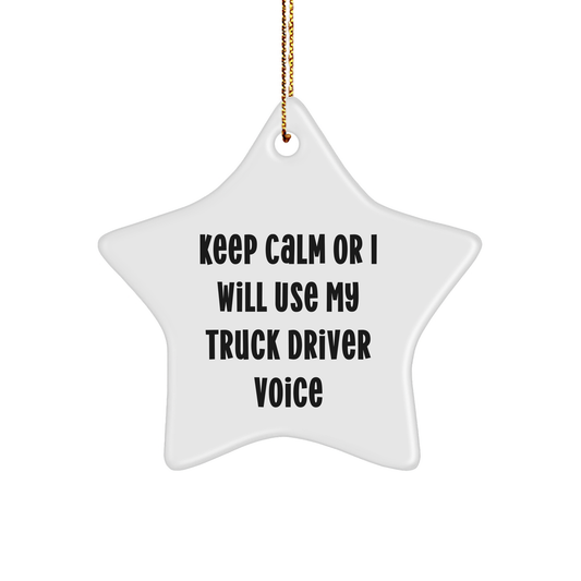 Truck Driver Gifts from Friends, Funny Star Ornament for Christmas, 'Keep Calm Or I Will Use My Truck Driver Voice' White Star Shaped Decor, Gifts for Men, Women, or Coworkers - Image 1