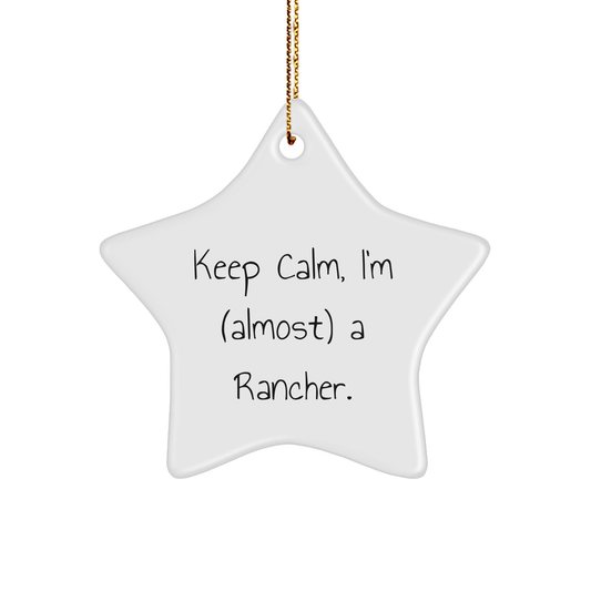 Rancher Gifts from Friends - Keep Calm, I'm (almost) A Rancher. Star Ornament for Christmas, Funny Quote, Rancher Decor, Star Shaped, White Color, MDF, Sublimation, Gift for Men, Women, Family - Image 1