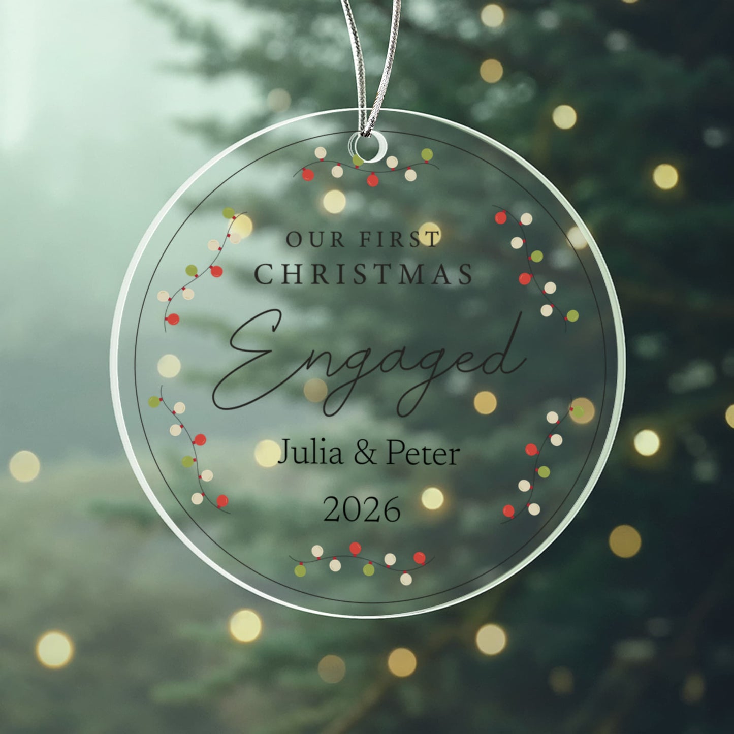 Our First Christmas Engaged Personalized Ornament – Custom Names (Acrylic or Ceramic)