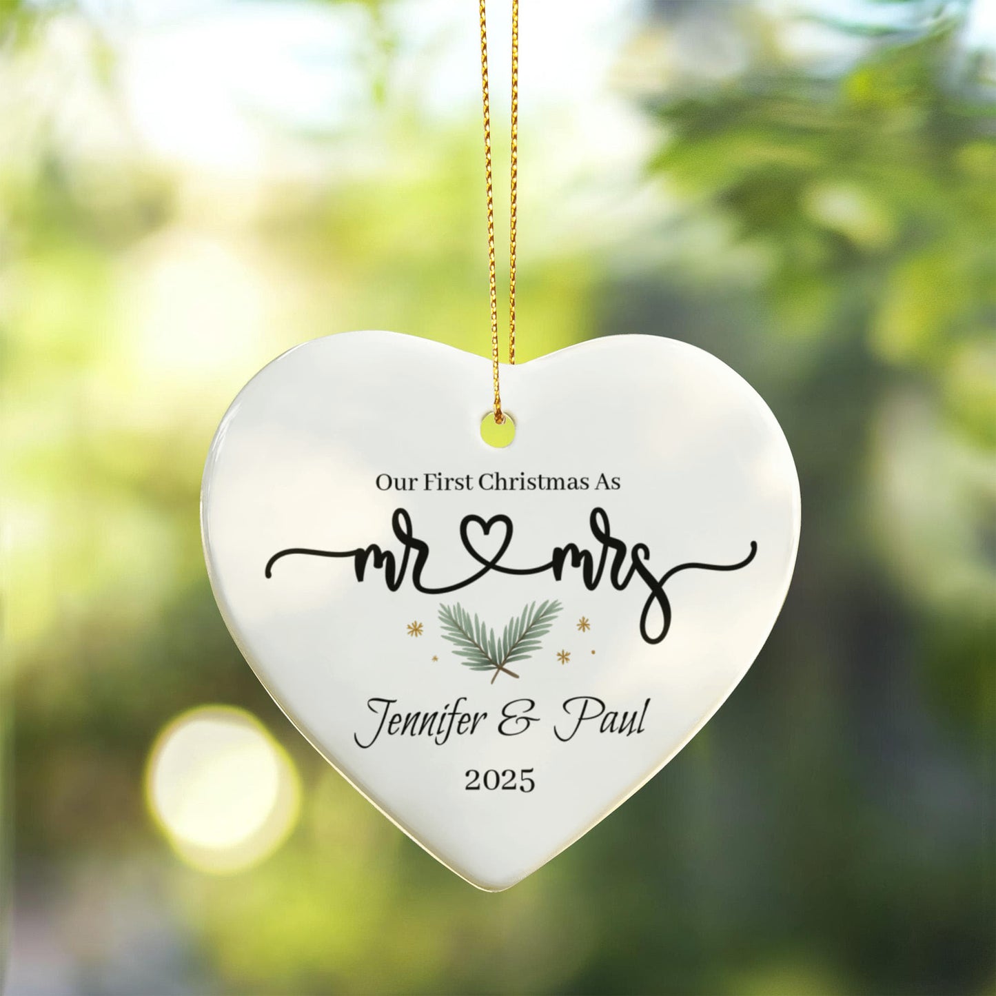 Personalized Heart-Shaped Ceramic Ornament – Our First Christmas as Mr & Mrs