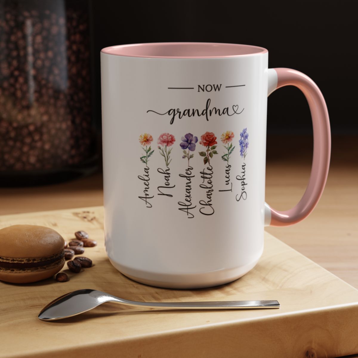 MD2601 First Mom, Now Grandma – Personalized Birth Flower Mug with Kids & Grandkids Names | Custom Grandma Gift