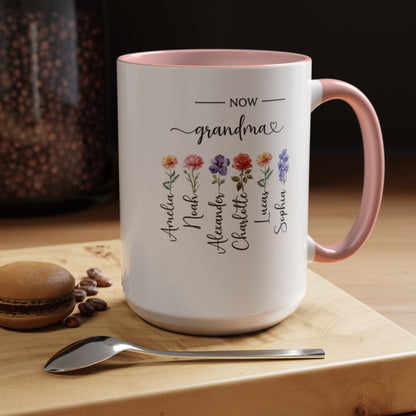 MD2601 First Mom, Now Grandma – Personalized Birth Flower Mug with Kids & Grandkids Names | Custom Grandma Gift