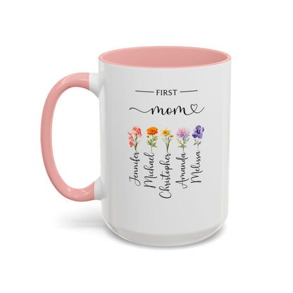 MD2601 First Mom, Now Grandma – Personalized Birth Flower Mug with Kids & Grandkids Names | Custom Grandma Gift