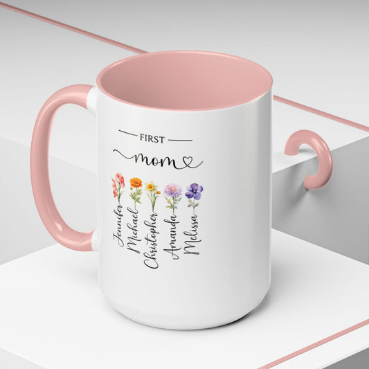 MD2601 First Mom, Now Grandma – Personalized Birth Flower Mug with Kids & Grandkids Names | Custom Grandma Gift