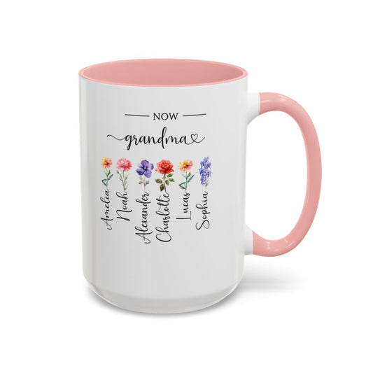 MD2601 First Mom, Now Grandma – Personalized Birth Flower Mug with Kids & Grandkids Names | Custom Grandma Gift