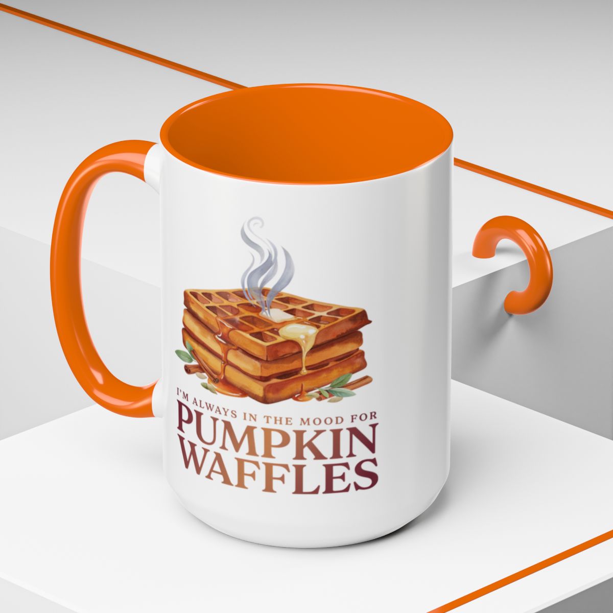I'm Always in the Mood for Pumpkin Waffles Two-Tone Ceramic Mug | Autumn Coffee Mug