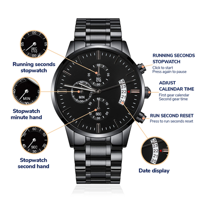Personalized Engraved Black Chronograph Watch – Stylish Gift for Him
