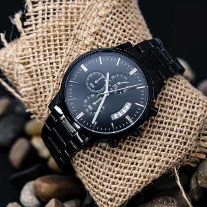 Personalized Engraved Black Chronograph Watch – Stylish Gift for Him