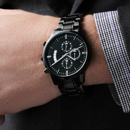 Personalized Engraved Black Chronograph Watch – Stylish Gift for Him