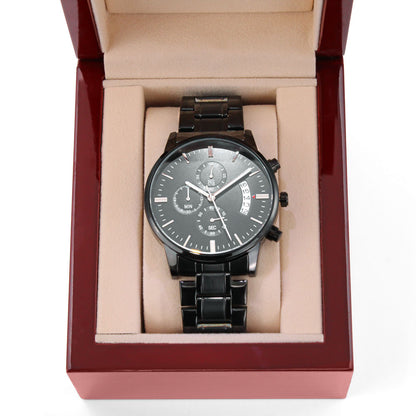 Personalized Engraved Black Chronograph Watch – Stylish Gift for Him