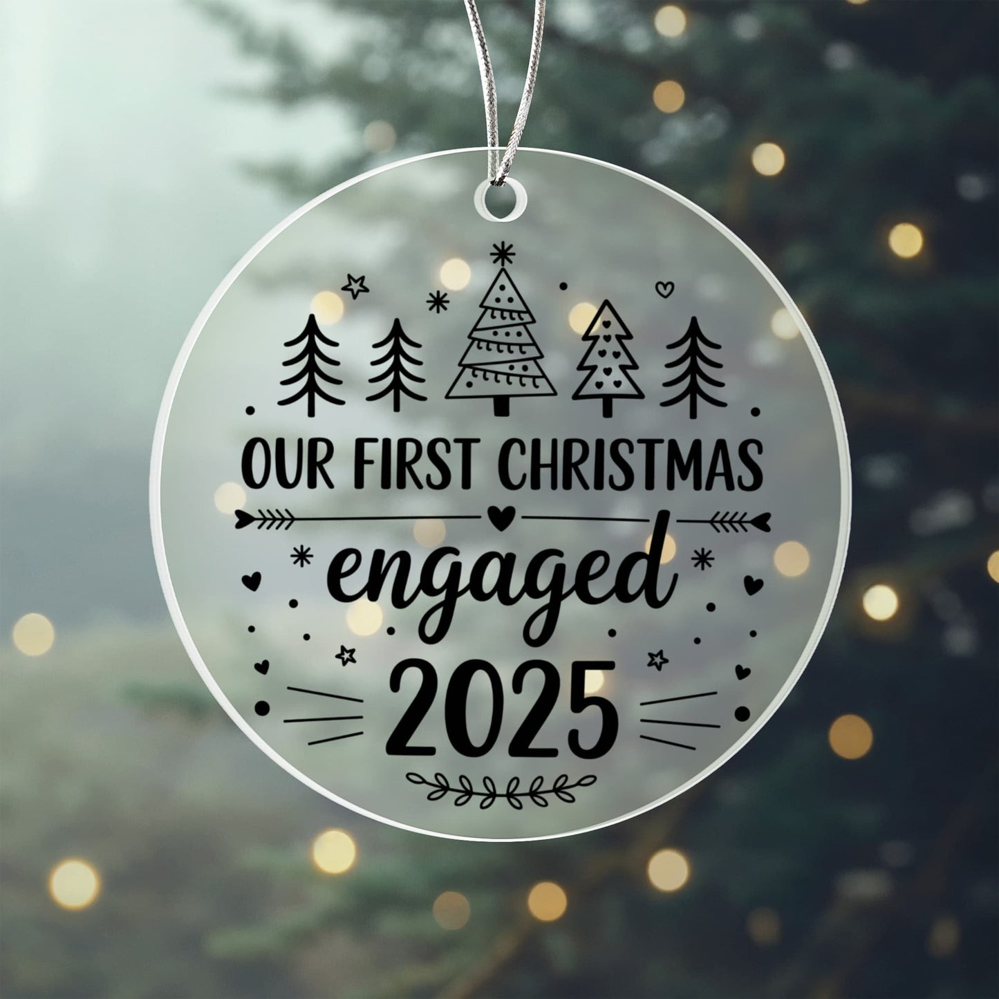 🖤 Our First Christmas Engaged 2025 Ornament – Modern Black & White Acrylic Keepsake