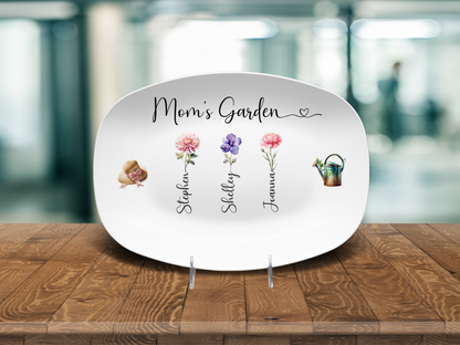 MD102 Mom’s Garden Birth Flower Platter – Personalized Gift with Children’s Names – Custom Birth Month Flower Keepsake for Mom – Mother’s Day Gift