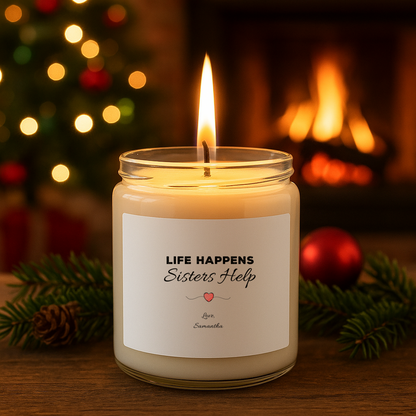 Life Happens, Sisters Help Personalised Sister Candle – 9oz Soy Wax Gift