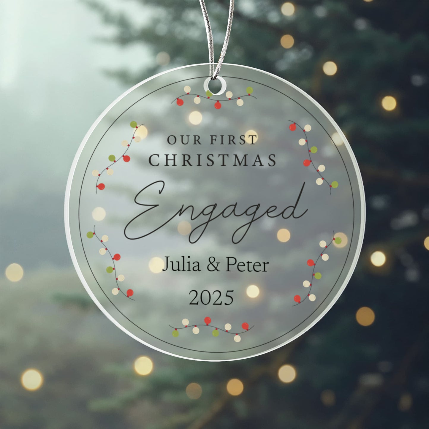 Our First Christmas Engaged Personalized Ornament – Custom Names (Acrylic or Ceramic)