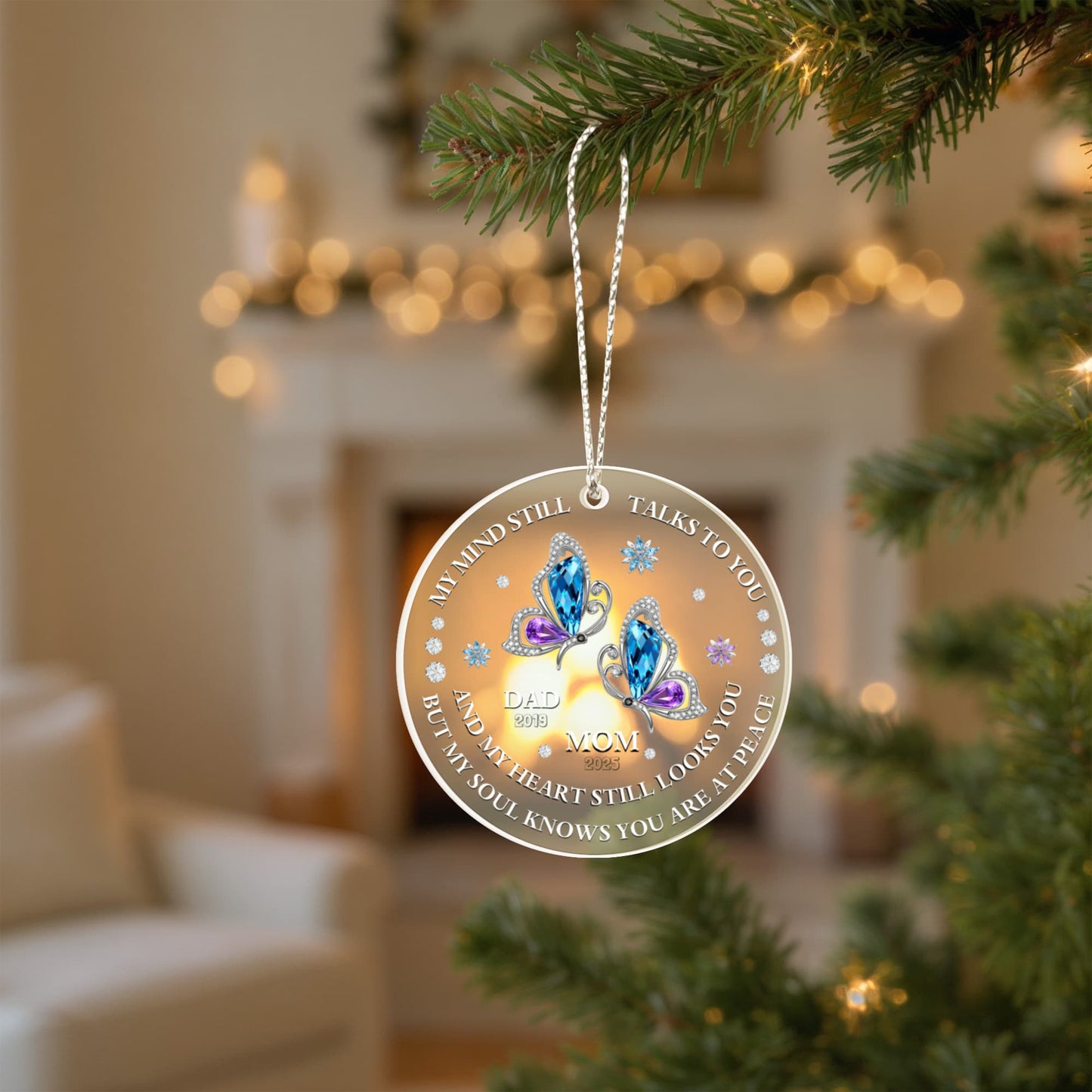 MEM01 “My Mind Still Talks to You” Memorial Ornament – Custom Years for Mom & Dad