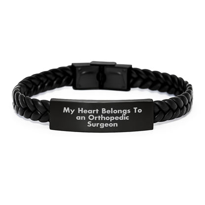 Funny Orthopedic Surgeon Inspired Gifts for Birthday, Interlaced Leather Bracelet with Stainless Steel and PU Leather, Engraved Heart Belongs to Orthopedic Surgeon - Image 1