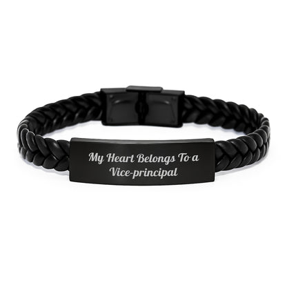 Funny Vice Principal Gifts, My Heart Belongs To A Vice Principal Interlaced Leather Bracelet, Birthday Unique Gifts from Men to Vice Principal - Image 1