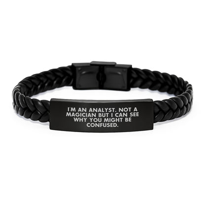 Gifts from Family to the Brilliant Analyst - Unique Interlaced Leather Bracelet with Stainless Steel, Birthday Surprise - Image 1