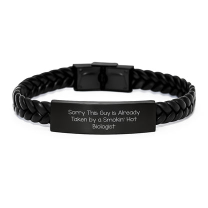 Funny Biologist Gifts, Birthday Unique Interlaced Leather Bracelet for Biologist Friends, 'Sorry This Guy Is Already Taken By A Smokin' Hot Biologist' Men's Leather Bracelet - Image 1