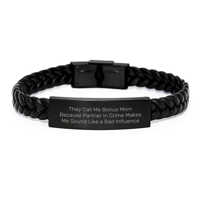 Funny Bonus Mom Gifts - Interlaced Leather Bracelet, Birthday Unique Gifts from Women for Bonus Mom - They Call Me Partner In Crime - Image 1