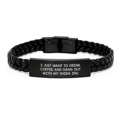 Funny Shiba Inu Dog Birthday Unique Gifts from Men to Shiba Inu Dog Lovers, Interlaced Leather Bracelet, 'I Just Want To Drink Coffee And Hang Out With My Shiba Inu' Quote - Image 1