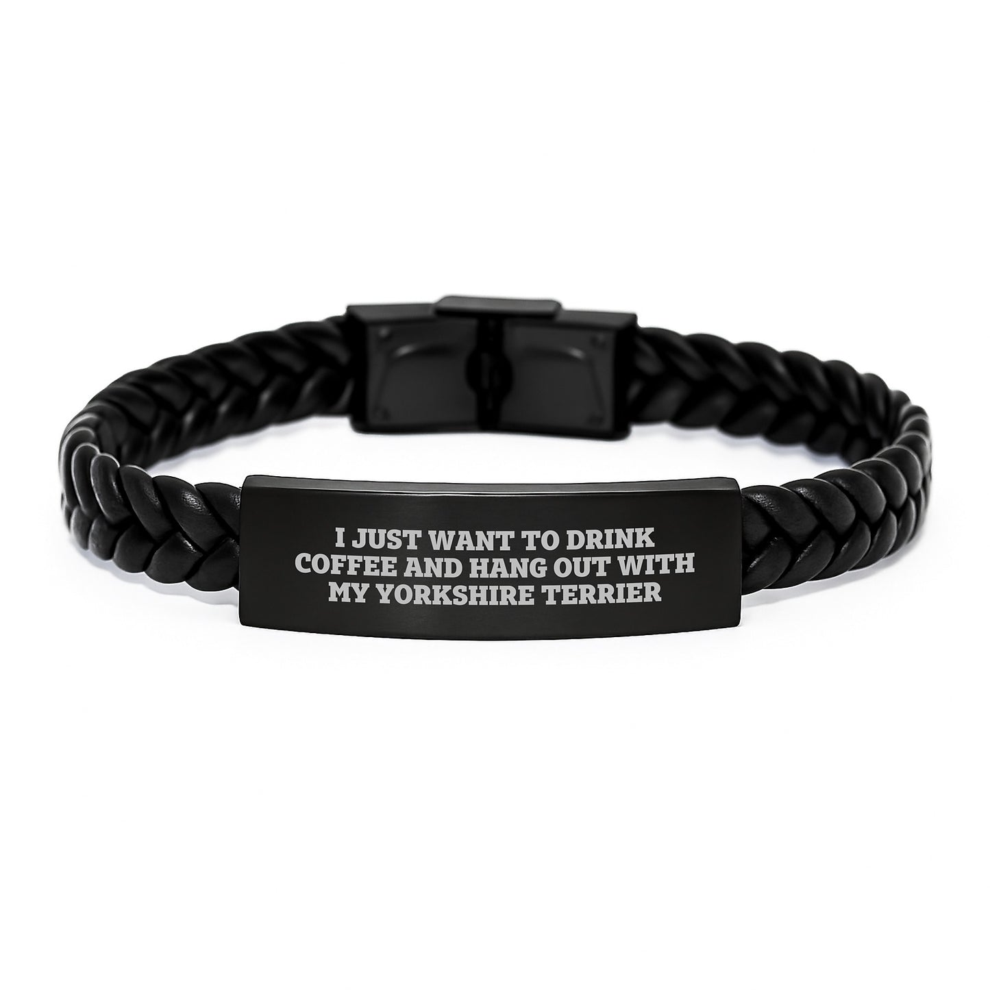 Yorkshire Terrier Dog Gifts, Funny Quote Interlaced Leather Bracelet, Gifts from Friends for Her or Him Birthday, I Just Want To Drink Coffee - Image 1