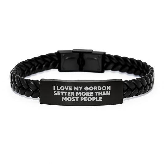 Gordon Setter Dog Lover's Funny Gift, 'I Love My Gordon Setter More Than Most People' Interlaced Leather Bracelet for Birthday, Gifts from Friends for Gordon Setter Dog Parents - Image 1