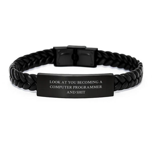 Funny Computer Programmer Gifts from Friends, Inspirational Interlaced Leather Bracelet for Graduation, Look At You Shit - Image 1
