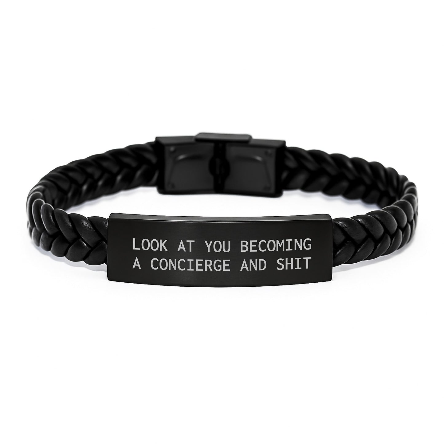 Funny Concierge Gifts from Friends for Men - Interlaced Leather Bracelet, Inspirational Quote: 'Look At You Becoming A Concierge And Shit' for Graduation Unique Gifts - Image 1