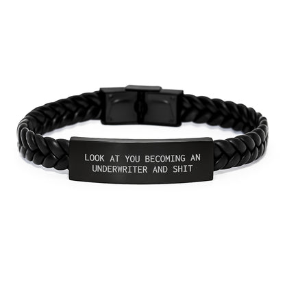 Funny Underwriter Christmas Unique Gifts from Men to Underwriter Friends - Interlaced Leather Bracelet with Engraved Stainless Steel - Image 1