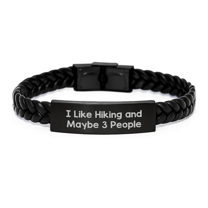 Hiking Companions Birthday Unique Gift: 'I Like Hiking And Maybe 3 People' Interlaced Leather Bracelet from Friends to Outdoor Enthusiasts - Image 1