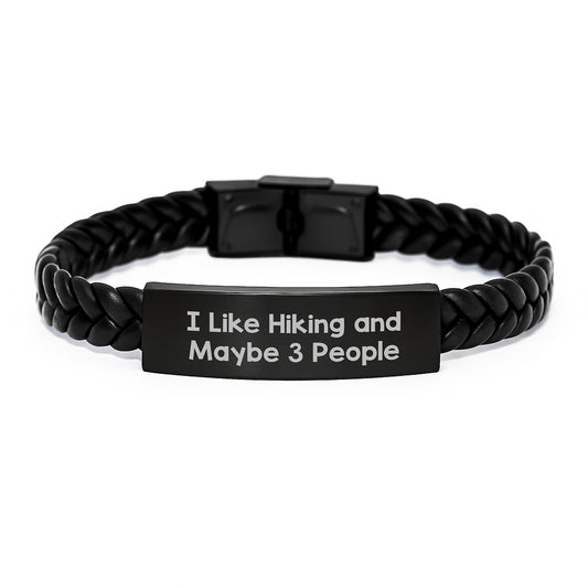Hiking Companions Birthday Unique Gift: 'I Like Hiking And Maybe 3 People' Interlaced Leather Bracelet from Friends to Outdoor Enthusiasts - Image 1