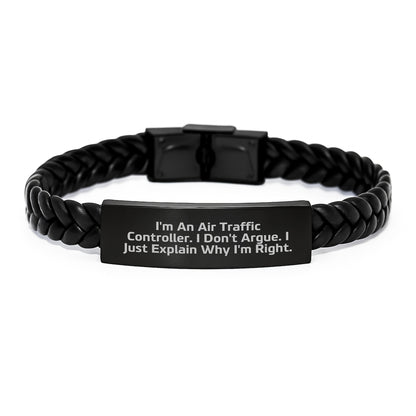 Air Traffic Controller Humor Interlaced Leather Bracelet, Funny Gift from Friends, Birthday Unique Gifts for Men, 'I'm An Air Traffic Controller. I Don't Argue. I Just Explain Why I'm Right.' - Image 1