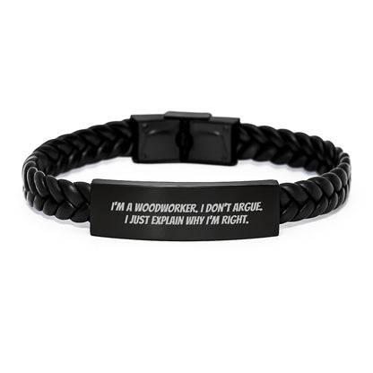 Woodworker's Delight, Funny Quote Gift for Him, Interlaced Leather Bracelet from Friends, Birthday Unique Men's Jewelry - Image 1
