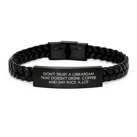 Funny Gifts for Librarians from Friends, Christmas Unique Presents with Interlaced Leather Bracelet Quote, Stainless Steel and PU Leather - Image 1