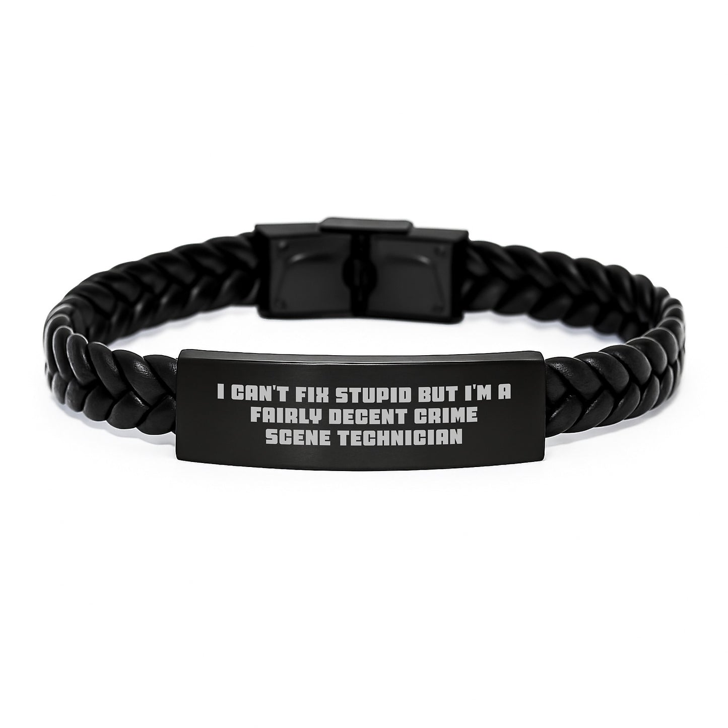 Funny Crime Scene Technician Gifts for Him, Birthday Unique Interlaced Leather Bracelet with Stainless Steel for Men, I Can't Fix Stupid Quotes Jewelry - Image 1