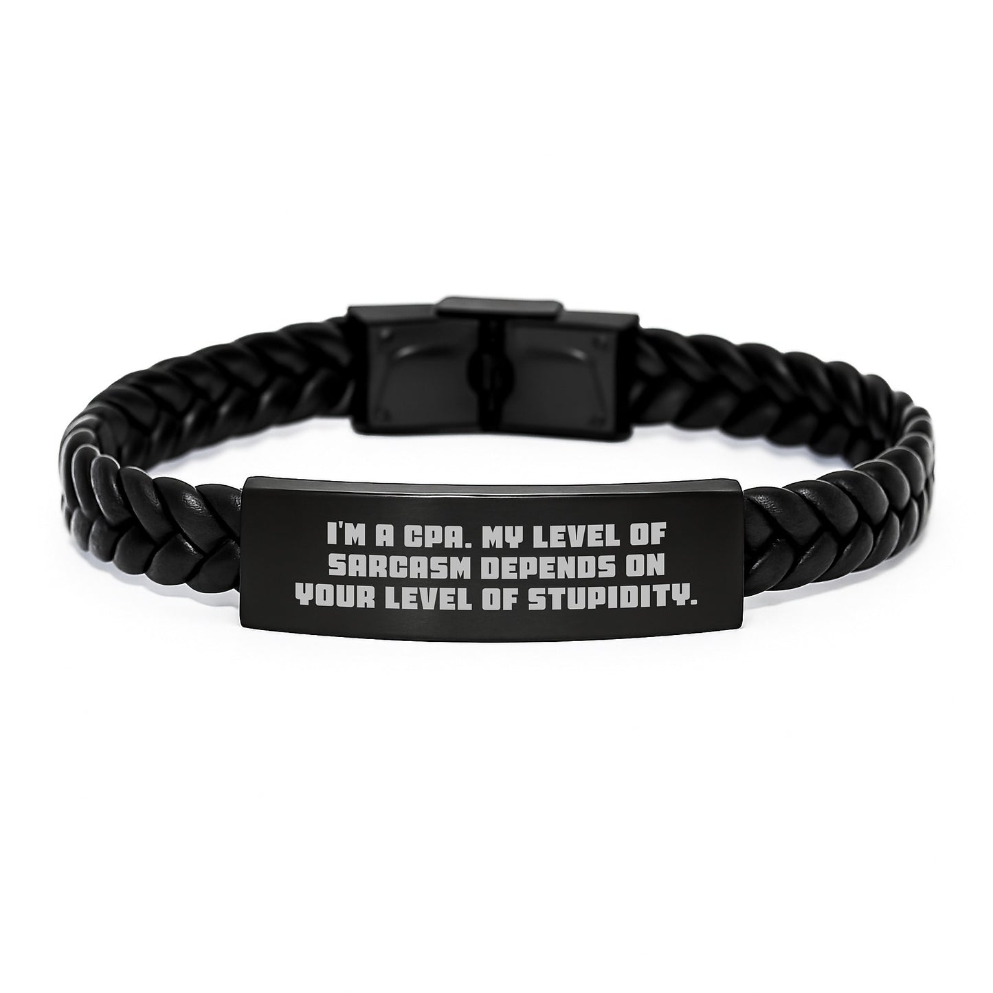 Funny CPA Gifts for Men, Women, Friends, Coworkers - 'I'm A Cpa. My Level Of Sarcasm Depends On Your Level Of Stupidity.' Interlaced Leather Bracelet, Birthday Unique Gifts from Family - Image 1