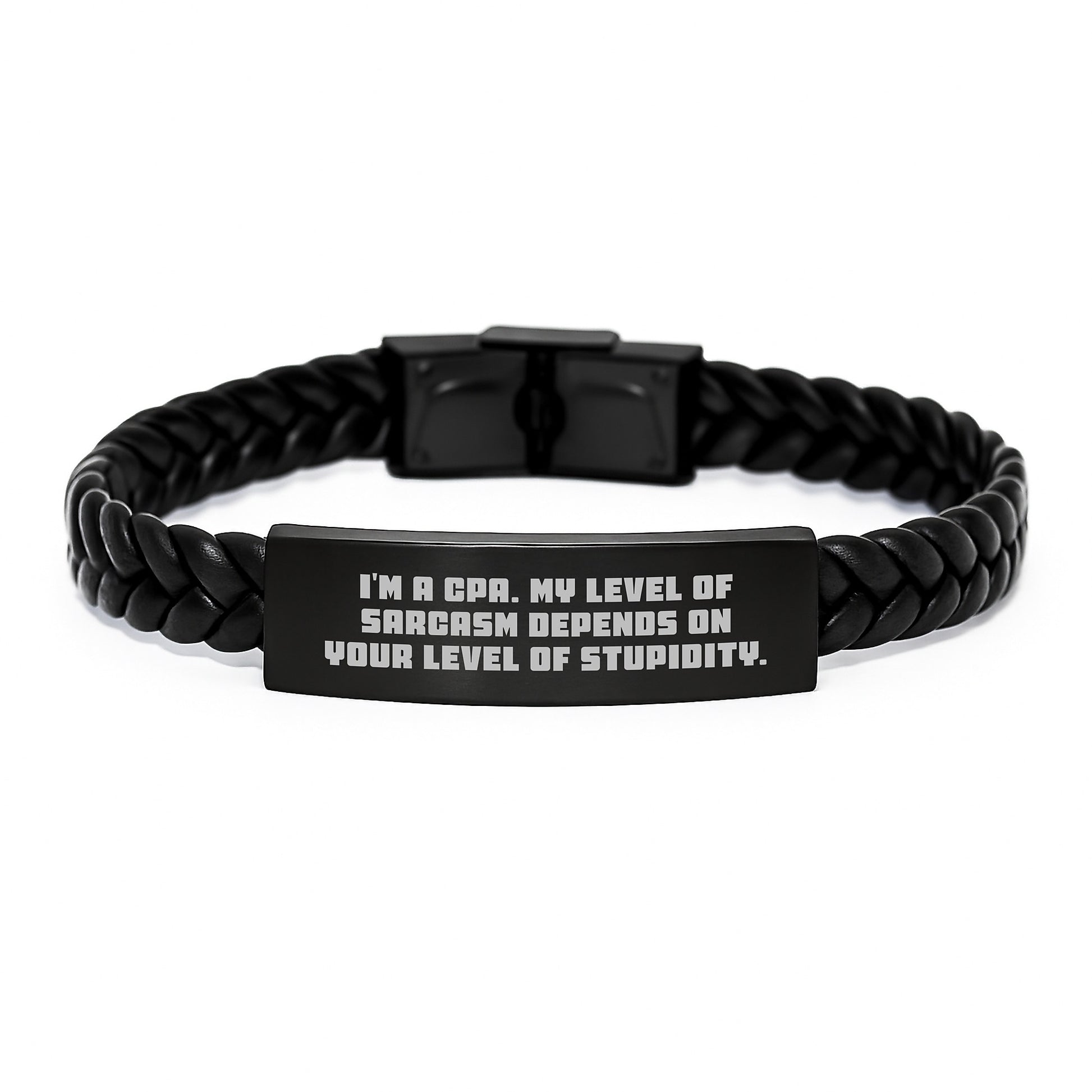 Funny CPA Gifts for Men, Women, Friends, Coworkers - 'I'm A Cpa. My Level Of Sarcasm Depends On Your Level Of Stupidity.' Interlaced Leather Bracelet, Birthday Unique Gifts from Family - Image 1