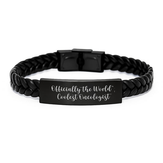 Officially The World's Coolest Oncologist Gifts for Men, Birthday Unique Interlaced Leather Bracelet, Stainless Steel and PU Leather - Image 1