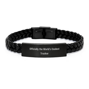 Funny Trucker Valentine's Interlaced Leather Bracelet Gifts for Men, Officially The World's Coolest Trucker, Gifts from Sweetheart, Husband, or Dad - Image 1