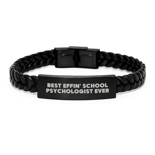 Funny School Psychologist Gifts, Best Effin' School Psychologist Ever Interlaced Leather Bracelet, Gifts from Dad - Image 1
