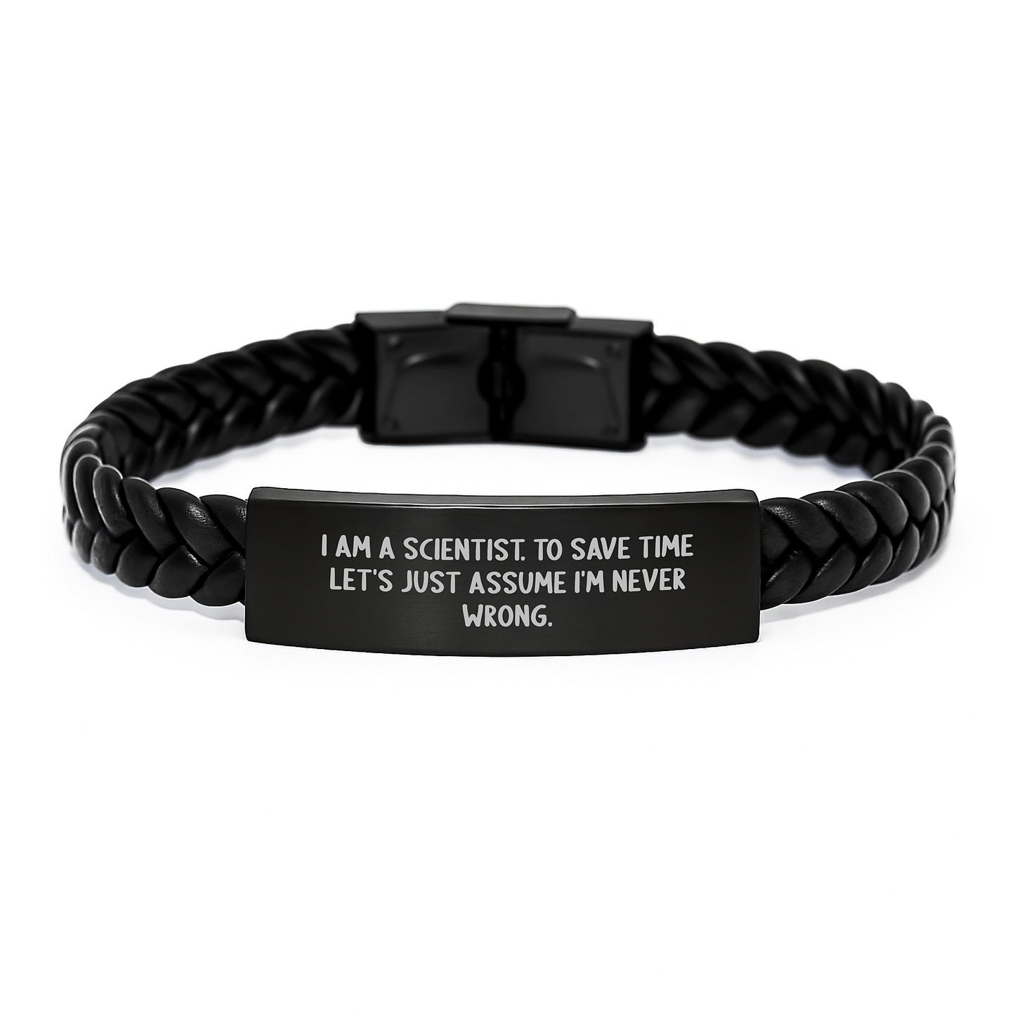 Funny Scientist Gifts for Men, Interlaced Leather Bracelet with Stainless Steel, Perfect for Valentine's, 'I'm Never Wrong' Quote - Image 1