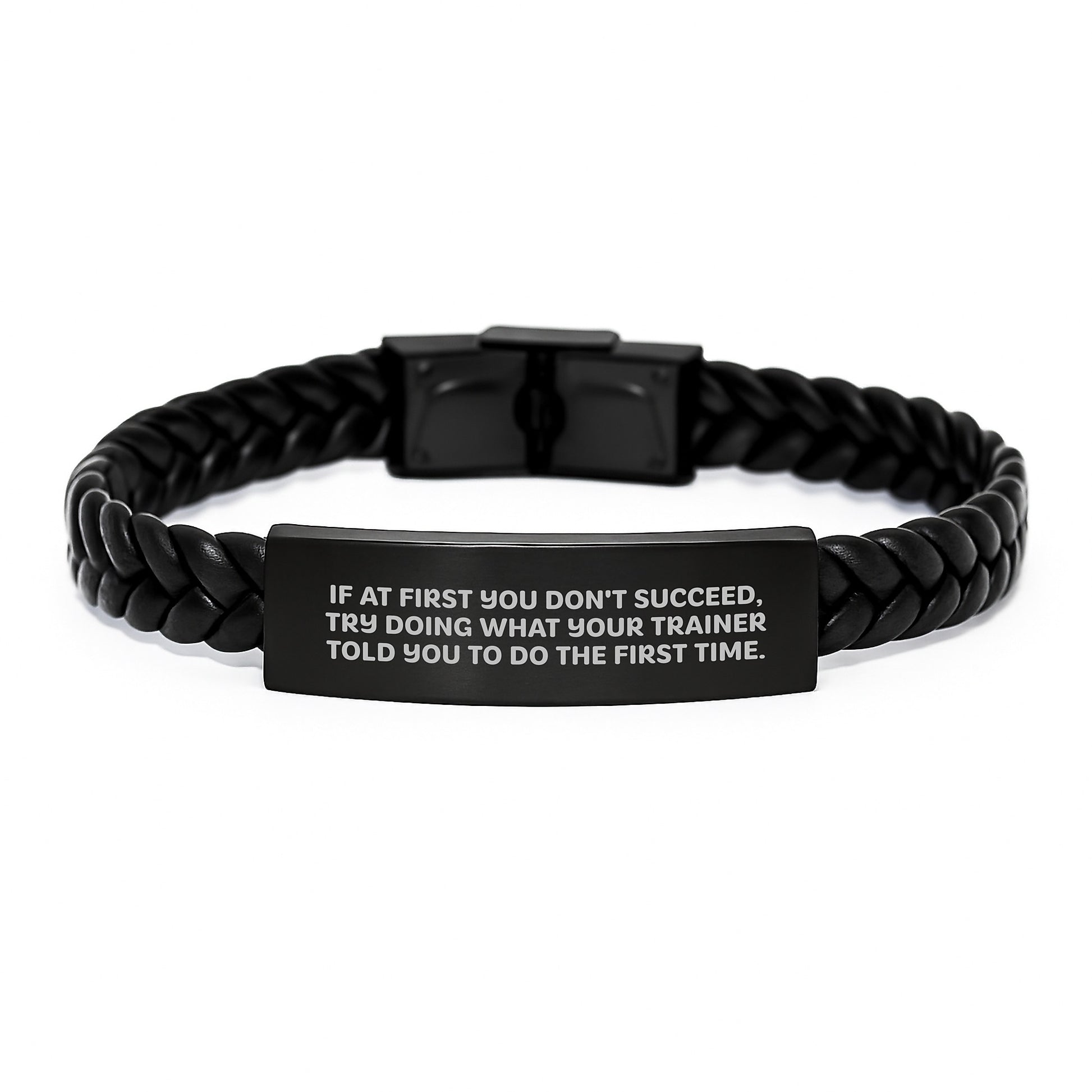 Funny Trainer Gifts for Men from Friends - Valentine's Unique Interlaced Leather Bracelet, Trainer Quote, Stainless Steel and PU Leather - Image 1