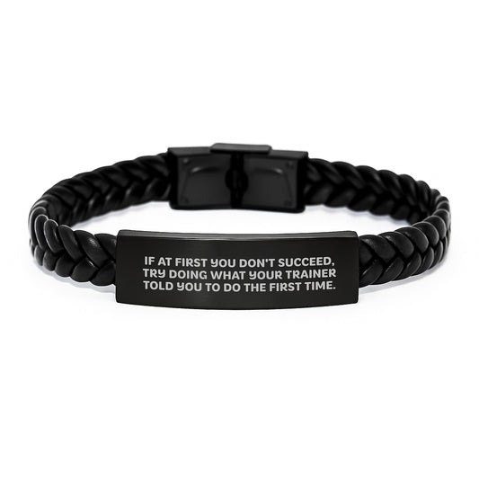 Funny Trainer Gifts for Men from Friends - Valentine's Unique Interlaced Leather Bracelet, Trainer Quote, Stainless Steel and PU Leather - Image 1