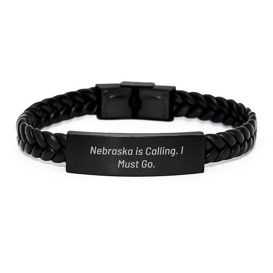 Nebraska Gifts for Men, Graduation Unique Gifts from Friends, Interlaced Leather Bracelet with Funny Quote 'Nebraska Is Calling. I Must Go.' - Image 1