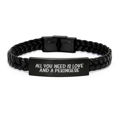 Pekingese Dog Lover Gifts for Men Women Family Friends - Graduation Unique Interlaced Leather Bracelet with Engraved Stainless Steel - All You Need Is Love And A Pekingese - Image 1