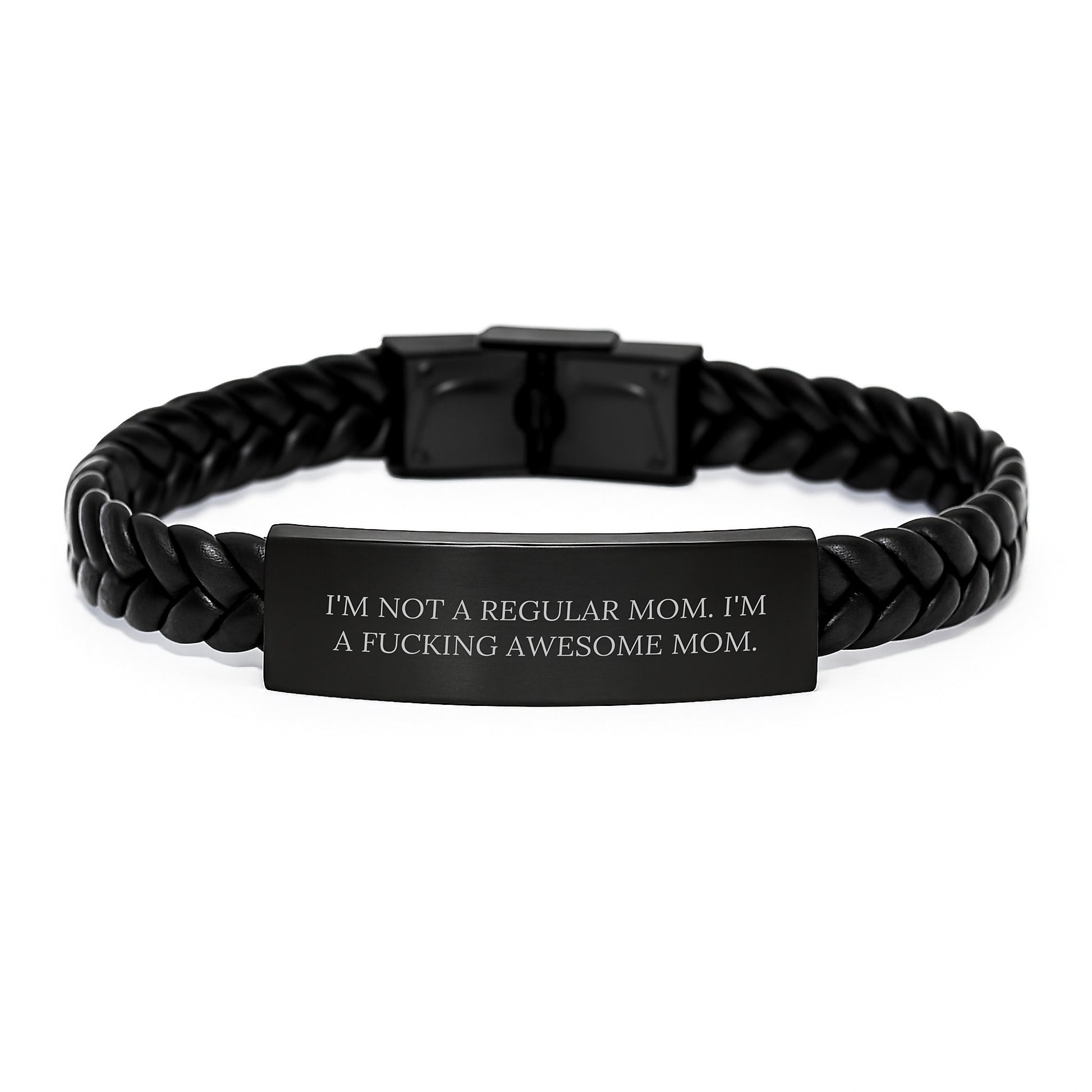 Funny Mom Gifts, 'I'm Not A Regular Mom. I'm A F--king Awesome Mom.' Interlaced Leather Bracelet for Graduation, Gifts from Mom to Mom, Unique and Inspirational - Image 1