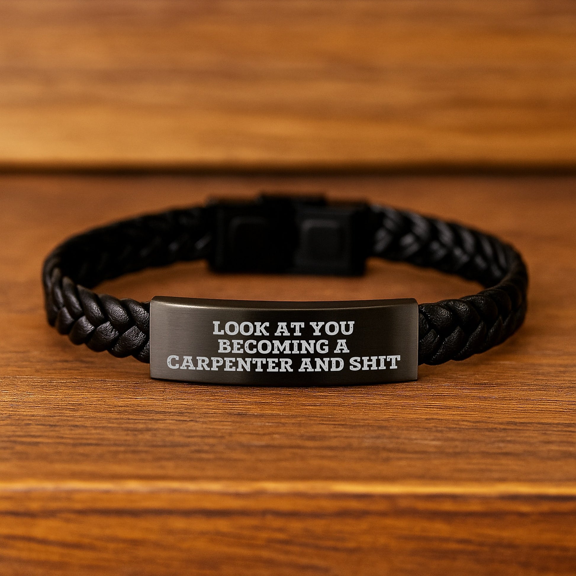 Funny Carpenter Gifts, 'Look At You Becoming A Carpenter And Shit' Interlaced Leather Braceltes for Him, Graduation Unique Gifts from Friends, Family, or Coworkers - Image 2