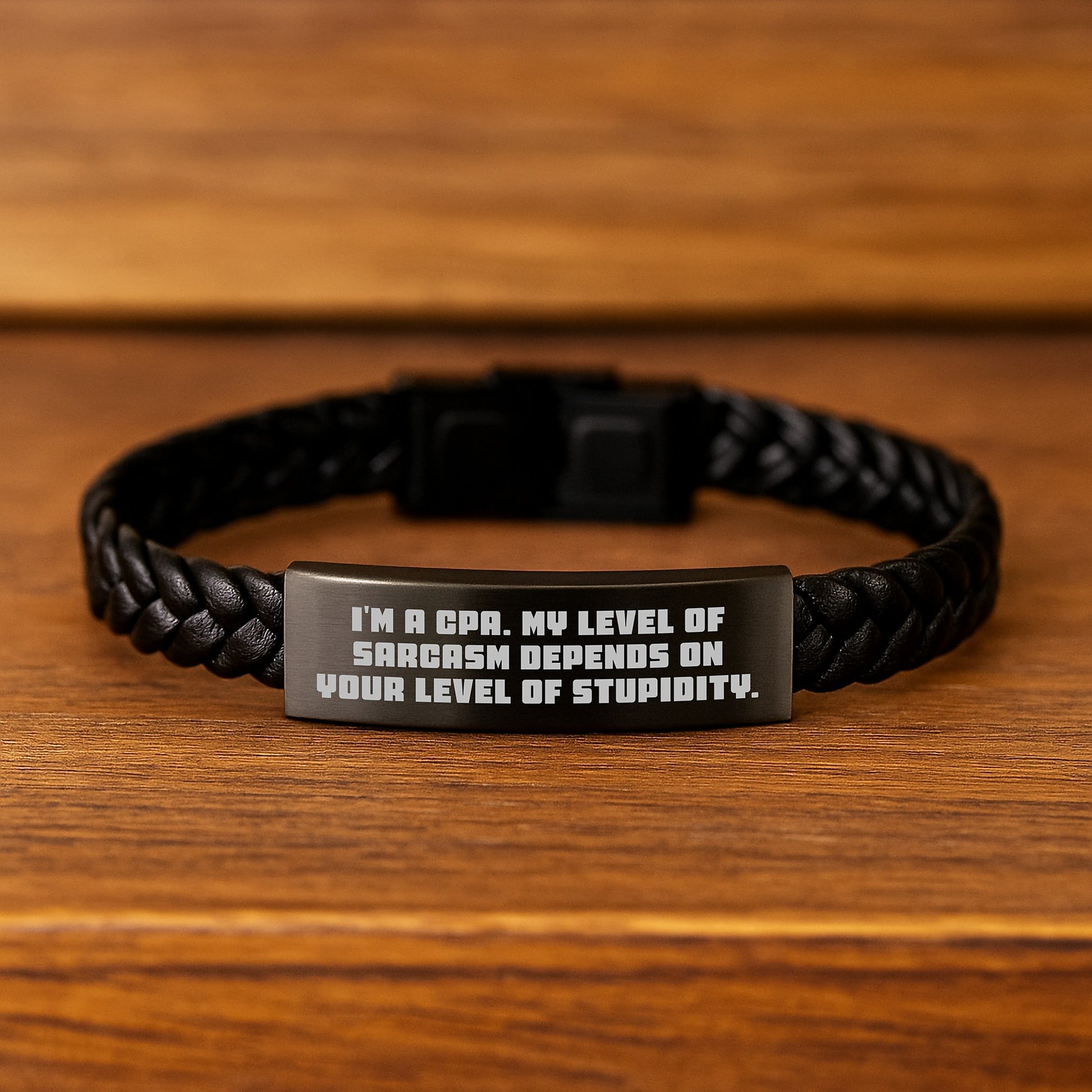 Funny CPA Gifts for Men, Women, Friends, Coworkers - 'I'm A Cpa. My Level Of Sarcasm Depends On Your Level Of Stupidity.' Interlaced Leather Bracelet, Birthday Unique Gifts from Family - Image 2