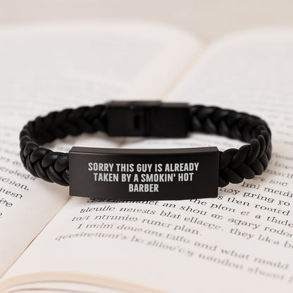Funny Barber Gifts for Him, Interlaced Leather Bracelet with Stainless Steel and PU Leather, Birthday Unique Gifts from Friends to Family, Sorry 'This Guy' is Already Taken by a Smokin' Hot Barber. - Image 3